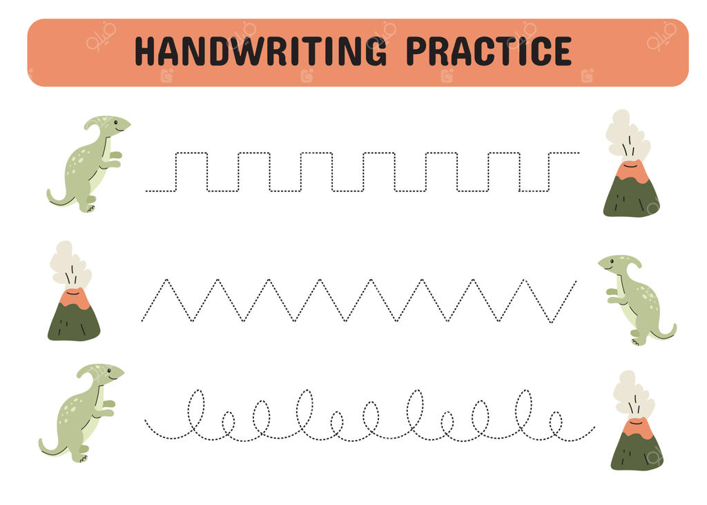 تمرین خط برای کودکان: خطوط دنبال‌کردنی با دایناسورهای کارتونی. بازی آموزشی ویژه پیش‌دبستانی‌ها. برگه تمرین قابل چاپ. تصویرگری وکتور