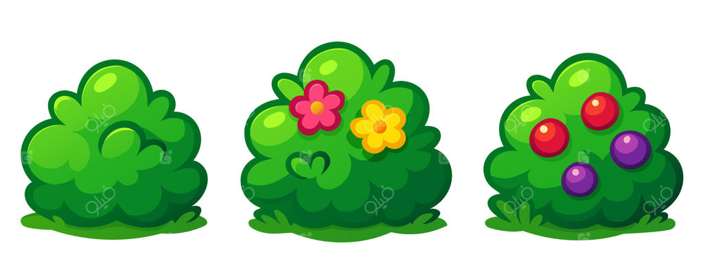 سه بوته سبز کارتونی در سبک تخت، با شاخ و برگ ساده، گل‌های شکوفا و توت‌های رنگارنگ، عناصر طبیعی برای طراحی بازی دو بعدی و منظرسازی