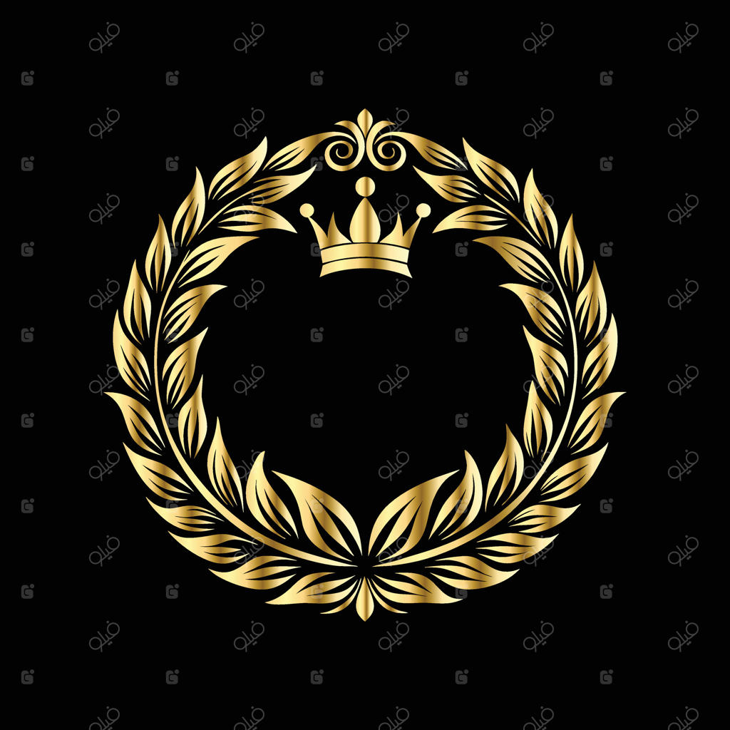 تاج برگ طلایی با تاج بر روی زمینه سیاه و تزئینات گلدار