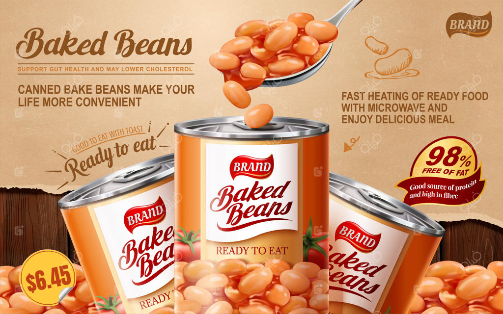 تبلیغات قوطی لوبیا پخته روی کاغذ پاره و پس‌زمینه میز چوبی، تصویرسازی سه‌بعدی