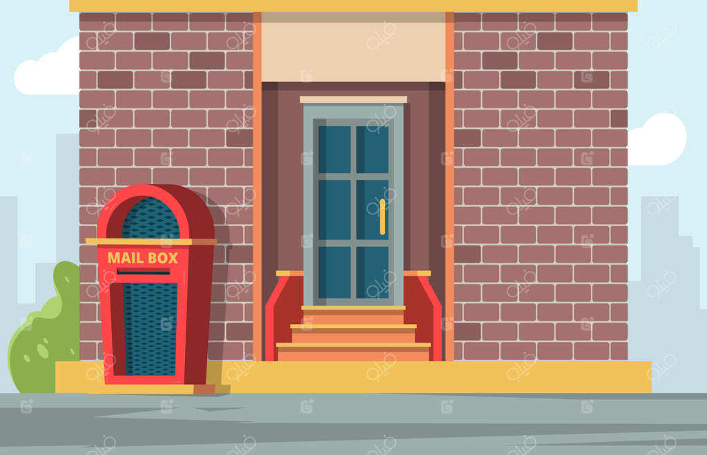 صندوق پست: منظره شهری با صندوق پست نزدیک خانه، تصویر پس زمینه وکتور. صندوق پیام‌ها نزدیک خانه.