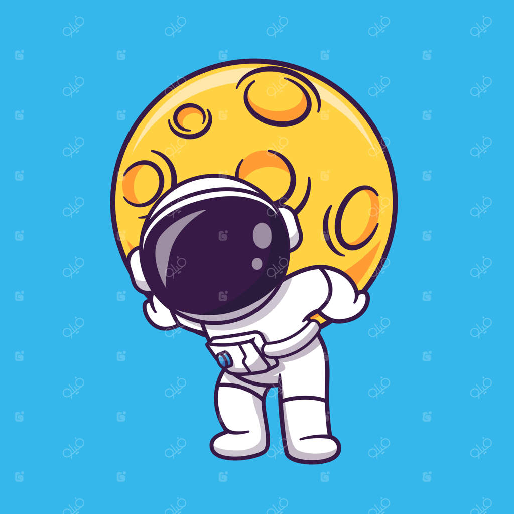 تصویر بامزه‌ای از فضانوردی که ماه بزرگ را بلند می‌کند. نماد فناوری علمی مجزا