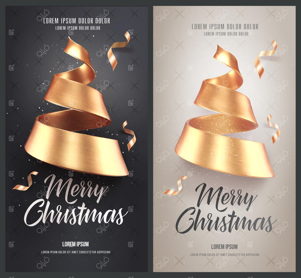 مجموعه کارت‌ها یا بروشورهای کریسمس با درخت طلایی از روبان