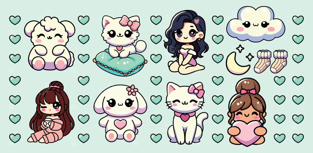 مجموعه‌ای بامزه و جذاب شامل حیوانات دوست‌داشتنی، دختران دنج، قلب‌ها، بالشتک‌ها، ماه، ستاره‌ها، ابر و جوراب‌های گرم. این عناصر دوست‌داشتنی با رنگ‌های پاستلی عالی برای برنامه‌ریزان دیجیتال هستند.