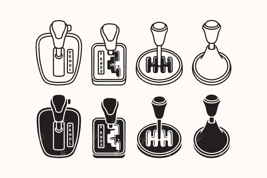 آیکون‌های دسته دنده خودرو به سبک خطی و سیلوئت. مجموعه نماد قطعه انتقال قدرت خودرو. بسته تصاویر دستگیره کلاچ دستی و اتوماتیک