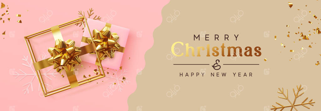 بنر تعطیلات: کریسمس مبارک و سال نو مبارک. طراحی کریسمس با اشیاء جشن واقع‌گرایانه، هدیه واقعی، مکعب توخالی به شکل هدیه سه‌بعدی، دانه‌های برف و تزئینات طلایی براق. پوستر افقی جشن