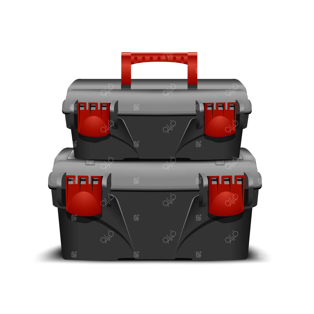 مجموعه‌ای از دو جعبه ابزار پلاستیکی سیاه، با درپوش خاکستری و قفل و دستگیره قرمز. جعبه ابزار مناسب برای سازندگان یا فروشگاه‌های صنعتی. جعبه ابزار واقع‌گرایانه برای ابزارها.