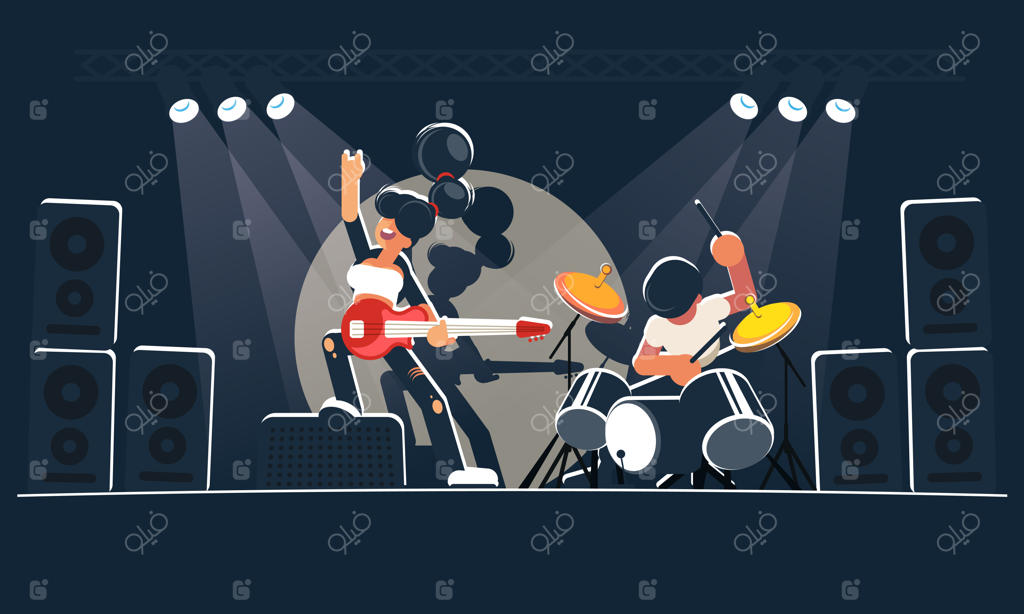 گروه موسیقی مدرن در یک کنسرت روی صحنه تاریک و نورافکنی‌های درخشان: دختری زیبا با گیتار الکتریک قرمز و درامر پرانرژی موسیقی راک، ایندی یا آلترناتیو می‌نوازند.