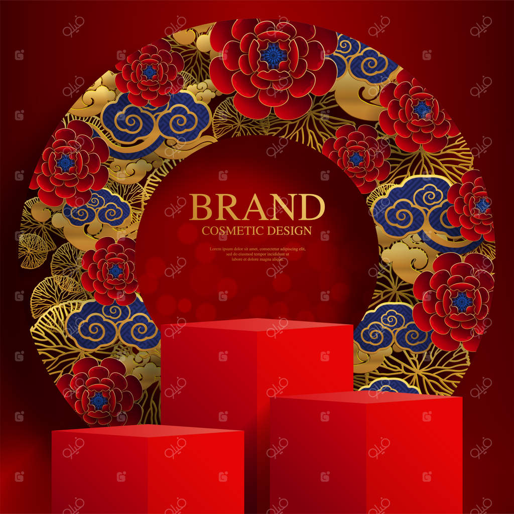 پودیوم و هنر کاغذی با عناصر چینی در پس‌زمینه.