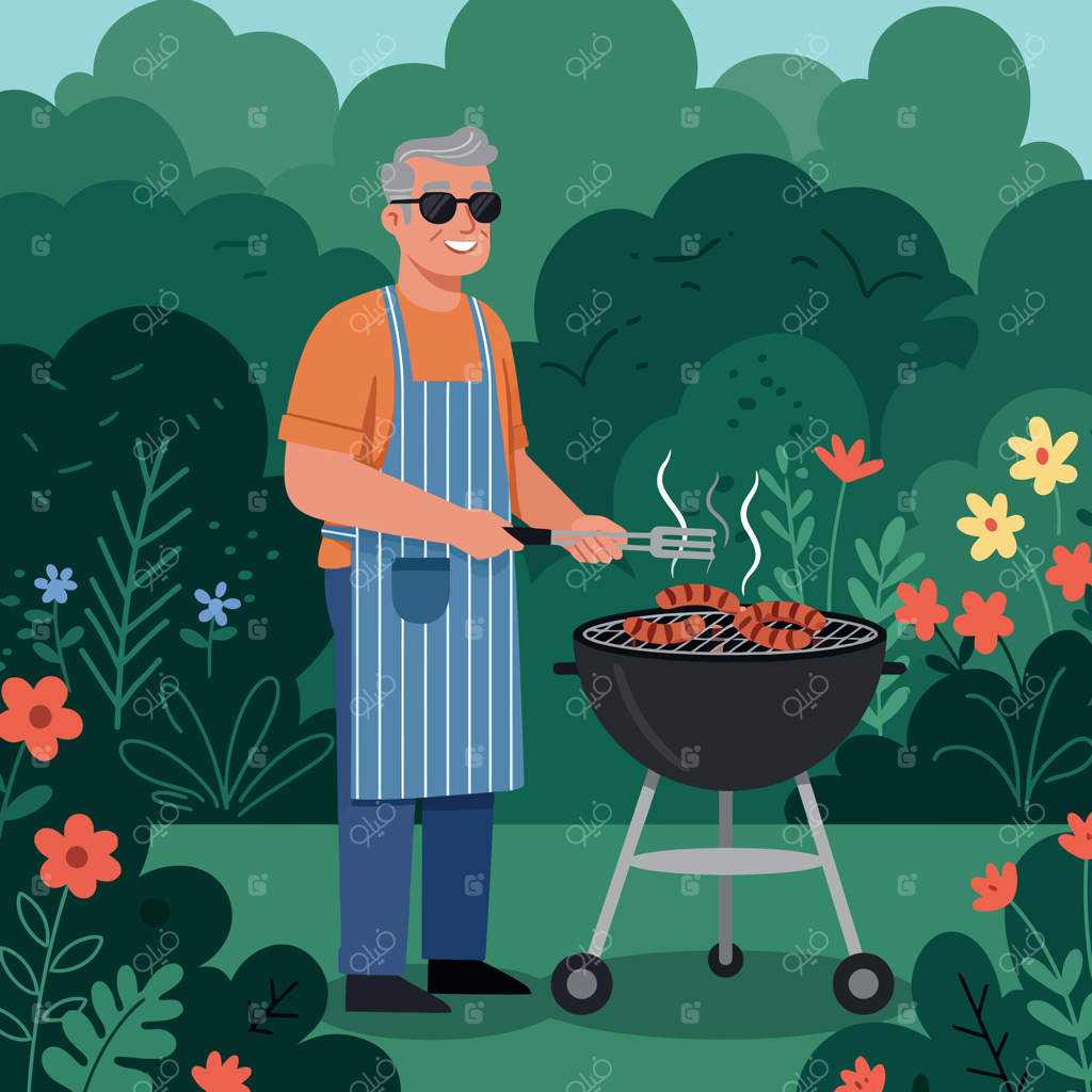 تصویر پیرمردی که در باغچه‌ای مملو از بوته‌های سبز و گل‌های رنگارنگ در حال کباب کردن گوشت است