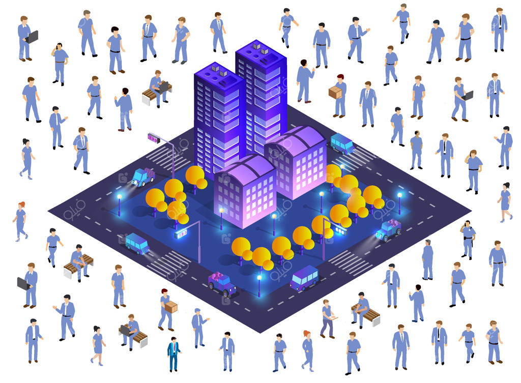 تصویرسازی سه‌بعدی و ایزومتریک تقاطع خیابان و محله شهری همراه با عابران و خودروها؛ وکتور حرفه‌ای برای صنعت طراحی و بازی‌سازی