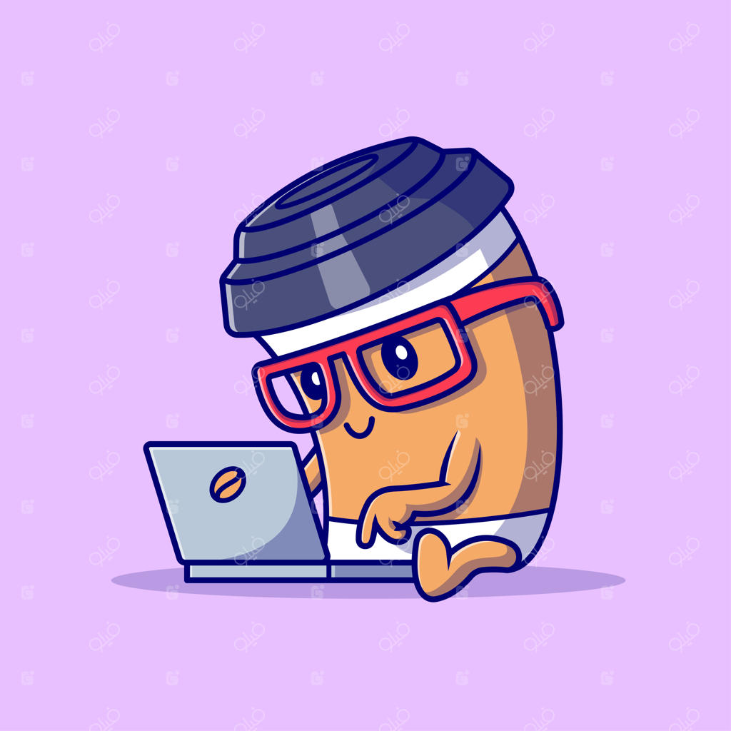 آیکون کارکتر بامزه فنجان قهوه در حال کار با لپ‌تاپ. نوشیدنی و تکنولوژی به صورت مجزا