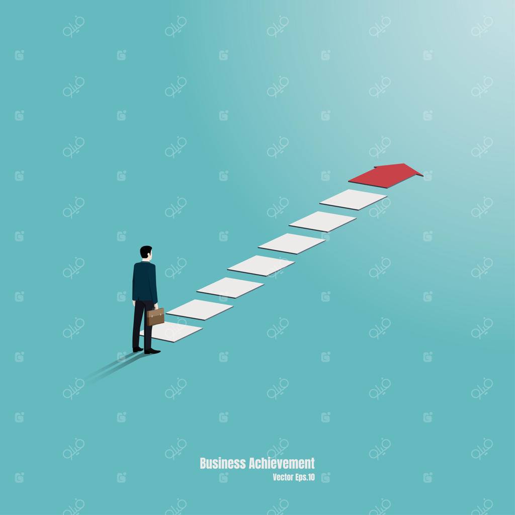 تاجر به اوج نمودار خیره شده است؛ مفاهیم تجاری از جمله اهداف، موفقیت، جاه‌طلبی، دستاوردها و چالش‌ها.