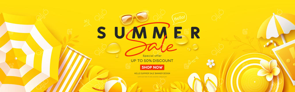 تخفیف تابستانه با طرح برگ‌های گرمسیری و لوازم ساحلی در پس‌زمینه زرد طراحی بنر