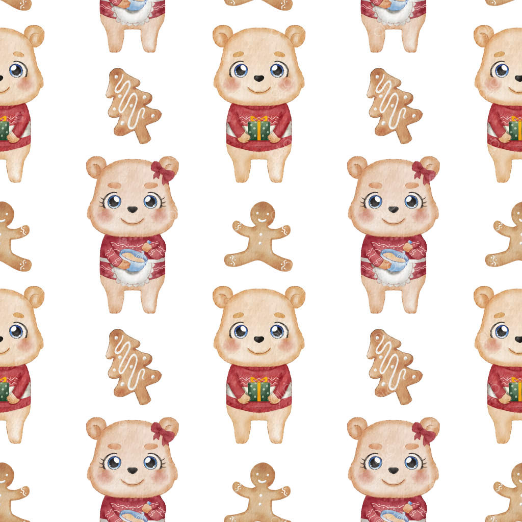 تصویر آبرنگی زوج خرس و کوکی مرد نان زنجبیلی