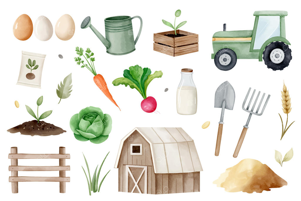 مجموعه آبرنگی کشاورزی: انبار، تراکتور، حصار، سبزیجات، شیر، تخم‌مرغ. تصویرسازی عناصر باغبانی، عناصر طراحی شده با دست
