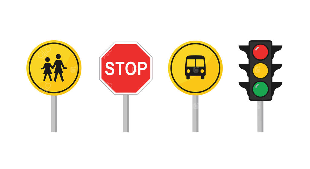 مجموعه چهار علامت رایج راهنمایی و رانندگی شامل تابلوی ایست، چراغ راهنمایی، گذرگاه عابر پیاده و تابلوی اتوبوس