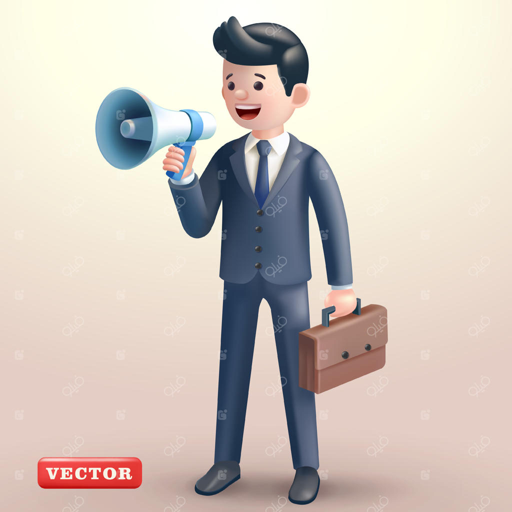 مردی در دفتر با بلندگو صحبت می‌کند، وکتور سه‌بعدی. مناسب برای کسب‌وکار و بازاریابی