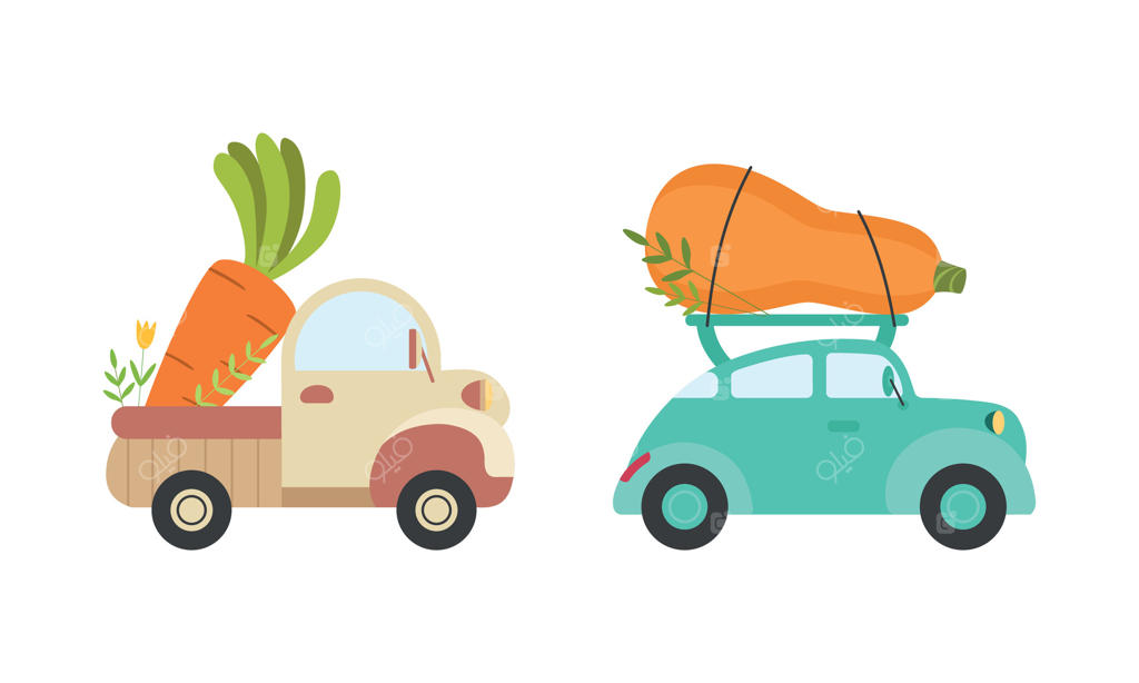 ماشین‌های بامزه برای تحویل سبزیجات: کامیون‌های کوچک در حال حمل کدو و هویج تازه - تصویر کارتونی سبزیجات تازه و رسیده