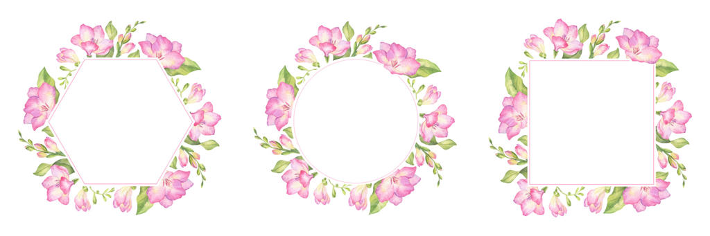 مجموعه‌ای از تاج گل با گل‌های فریزیا صورتی، جوانه‌ها و برگ‌ها. قاب‌های نقاشی شده با دست از گل‌های صورتی باغ برای دعوت‌نامه‌های عروسی و کارت‌ها، تاج گل تابستانی از گل‌های وحشی صورتی.