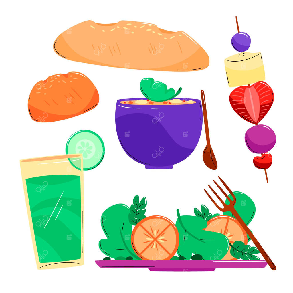 مجموعه غذاهای گیاهی دست‌نقاشی شده