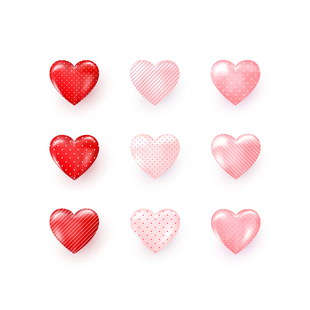 مجموعه‌ای از قلب‌های تزئینی قرمز و صورتی با سایه، نقوش نقطه‌ای و راه‌راه.