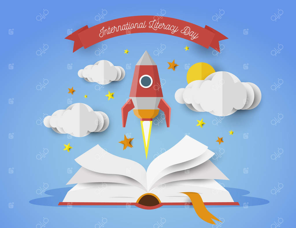 روز جهانی سوادآموزی با طراحی کاغذی همراه با کتاب باز و راکت فضایی
