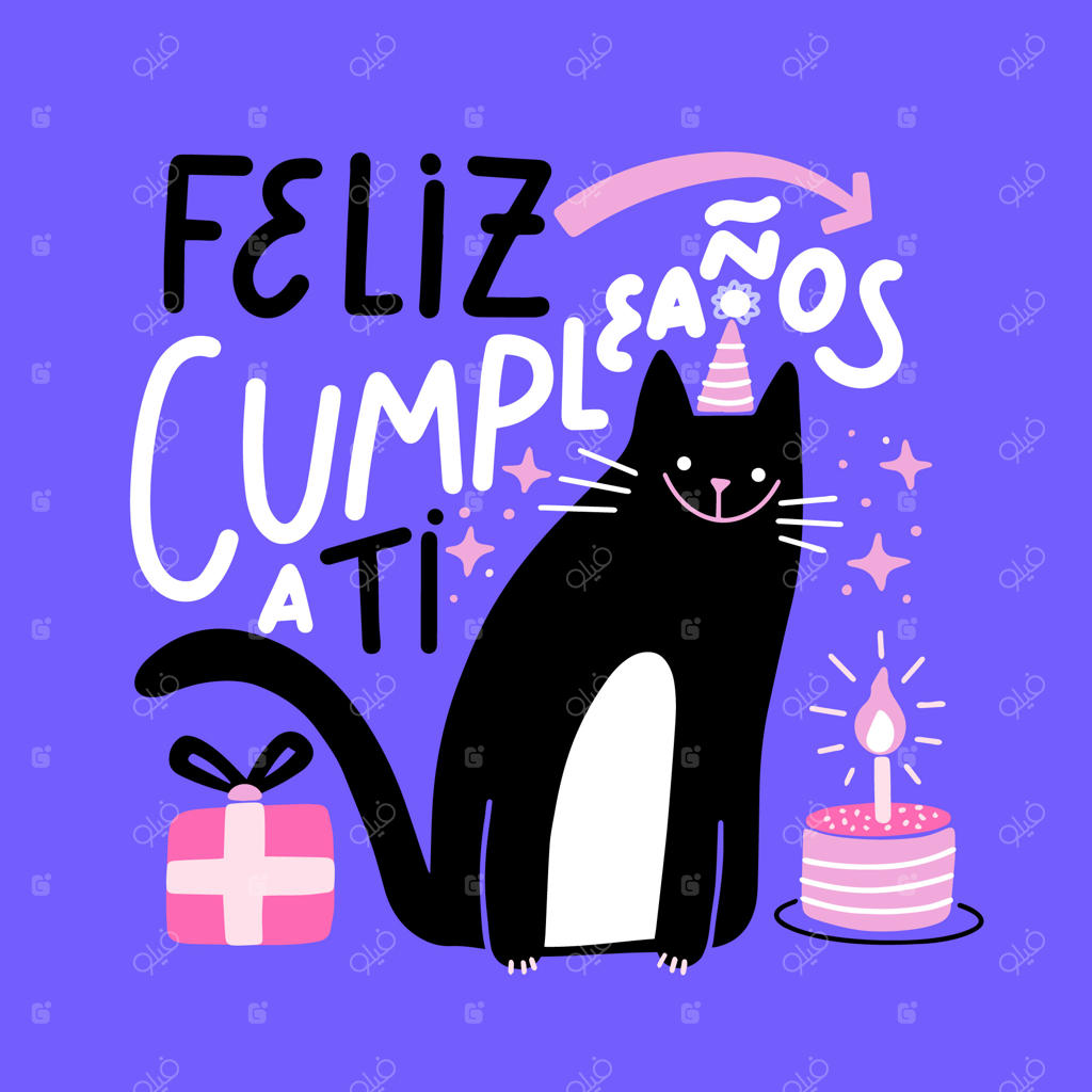 تصویرسازی گربه با نوشته‌های تولدت مبارک