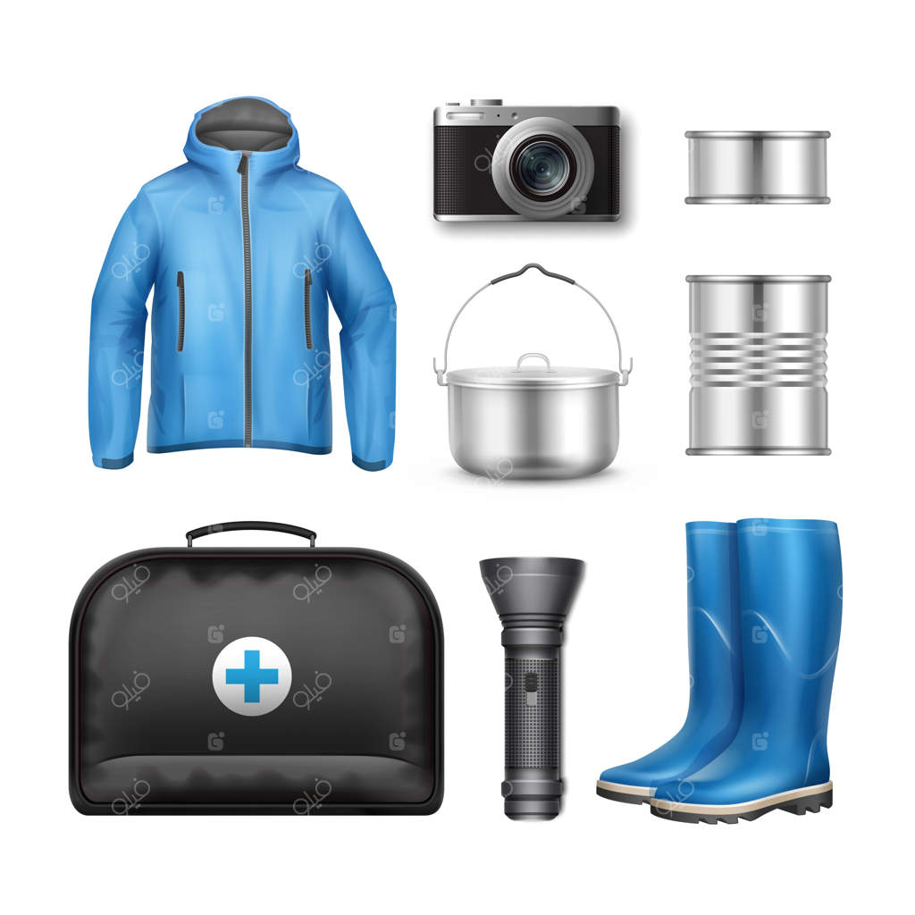 وسایل کمپینگ وکتور: ژاکت آبی یونیسکس، قابلمه کمپینگ، کنسرو، چراغ قوه جیبی، چکمه‌های لاستیکی، دوربین عکاسی و جعبه کمک‌های اولیه.