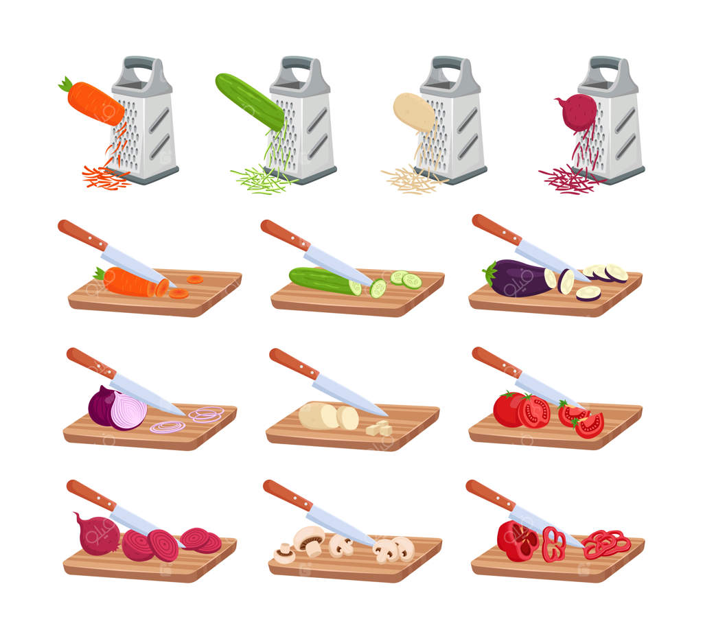 مجموعه ای از تصاویر کارتونی رنده و برش سبزیجات روی تخته. آماده‌سازی مواد اولیه برای سالاد، تهیه شام سالم، برش قارچ‌ها، گوجه‌فرنگی‌ها، سیب‌زمینی‌ها، هویج‌ها و پیازها. مفهوم غذا و ویتامین‌ها