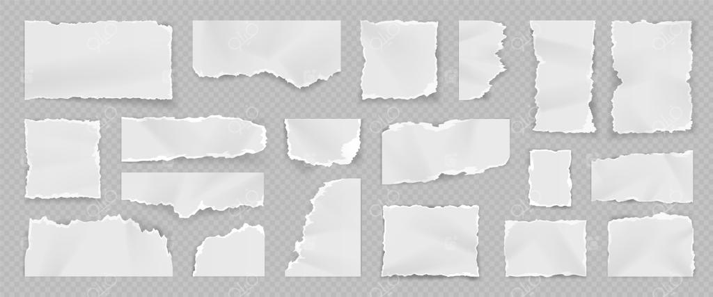 تکه‌های واقعی کاغذ سفید پاره شده، ریزها و نوارها. صفحه دفتر خالی و پاره شده. مربع‌های کاغذ ریش‌ریش شده. مجموعه‌ای از تکه‌ها و قطعات کاغذ با شکل‌های مختلف.