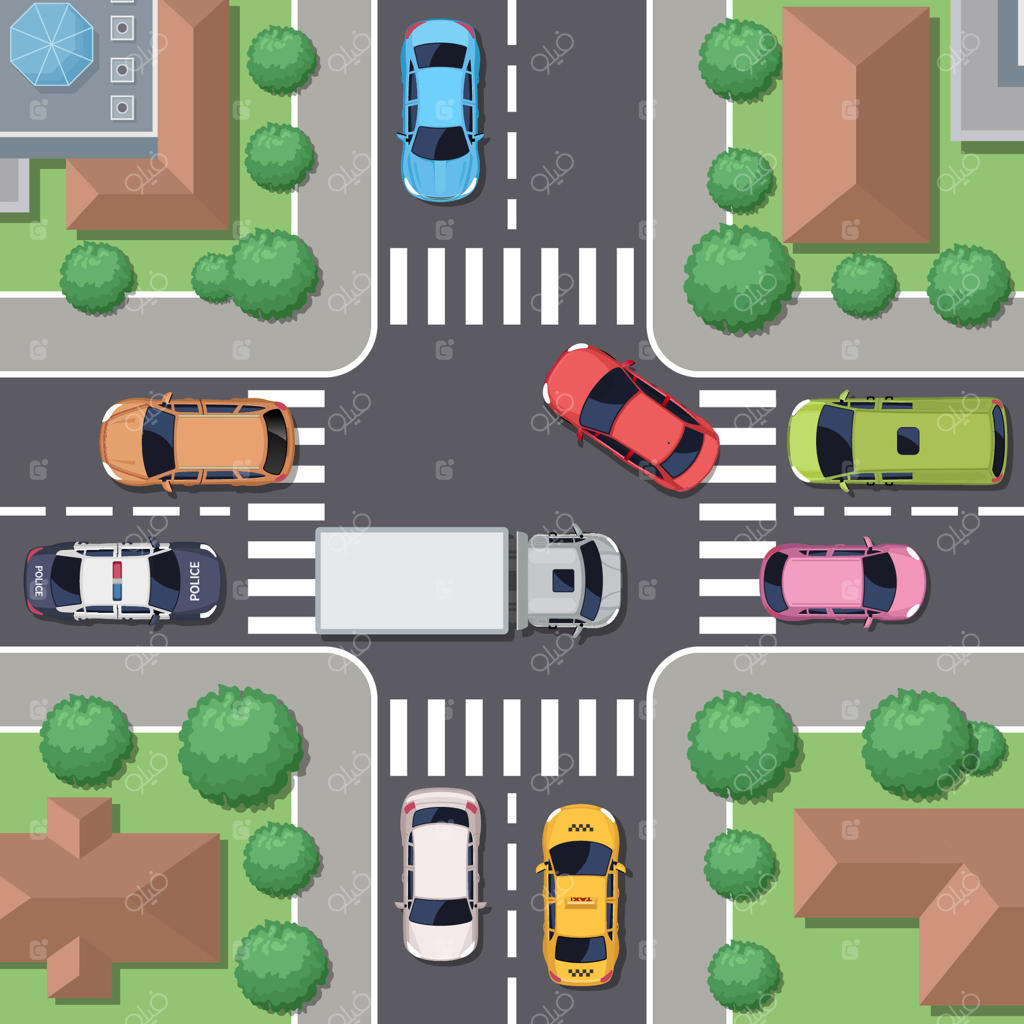 نمای هوایی از تقاطع شلوغ با وسایل نقلیه مختلف - طرح برداری حرفه‌ای