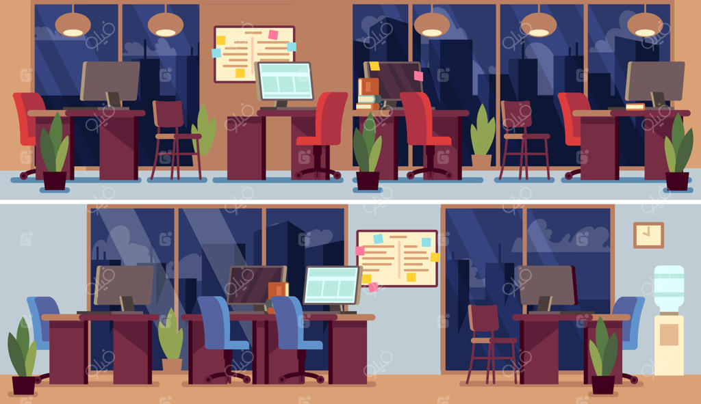 وکتور نمای داخلی دفتر کار خالی در شب، فضای کار اشتراکی یا اتاق مدیریت با میز کامپیوتر، تخته وظایف و صندلی