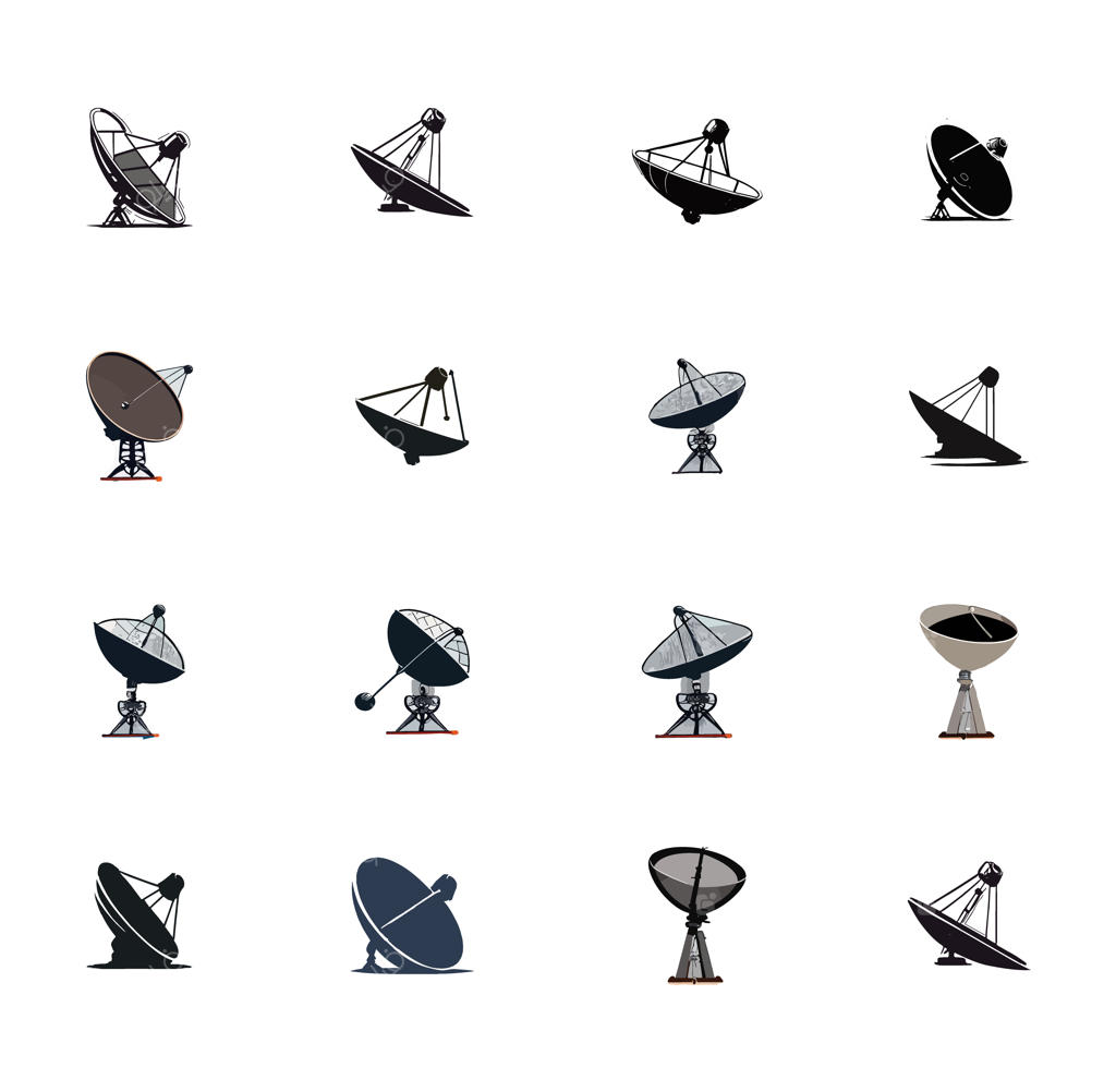 مجموعه تصویرسازی‌های وکتور آنتن ماهواره به رنگ مشکی و ایزوله