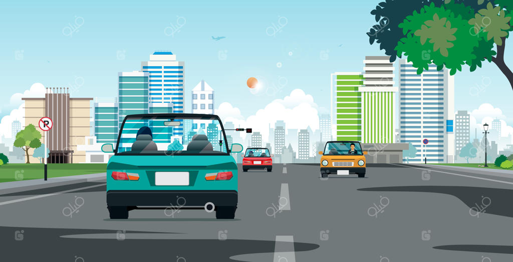 رانندگی در شهری با چراغ‌های راهنمایی و خورشید به عنوان پس‌زمینه