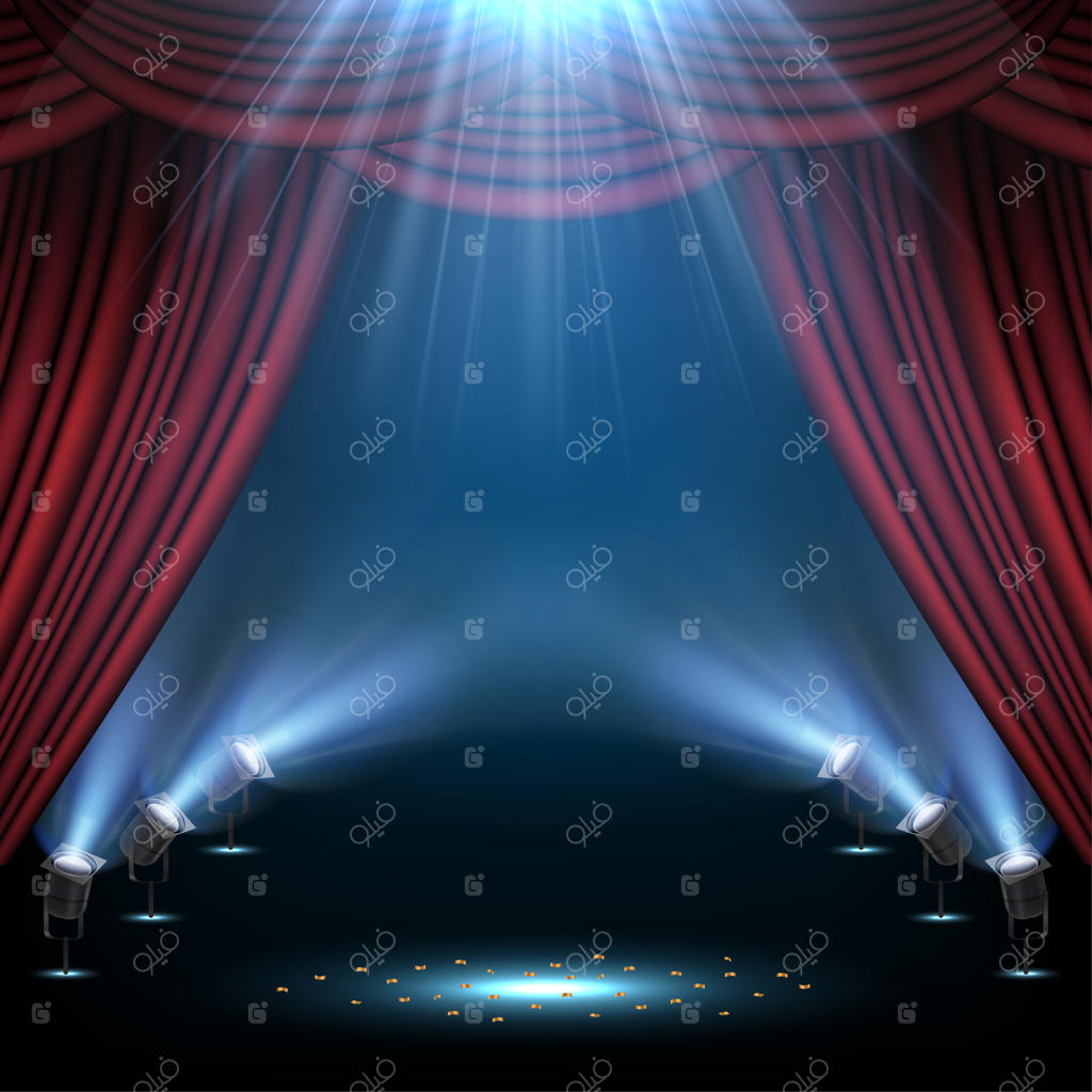 پرده قرمز صحنه با نورافکن‌ها روشن شده - تصویر وکتور