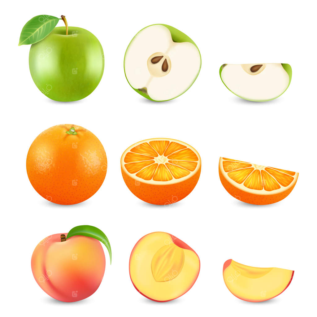 میوه‌های برش‌خورده روی زمینه سفید: سیب، پرتقال و هلو