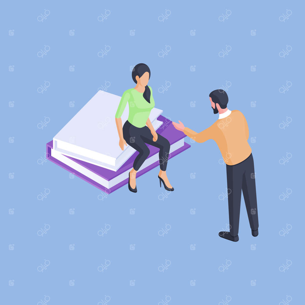 تصویر ایزومتریک از معلم مرد در حال تدریس به دانشجوی باهوش دختر نشسته روی کتاب‌ها در زمان تحصیل در دانشگاه، در پس‌زمینه‌ی آبی روشن