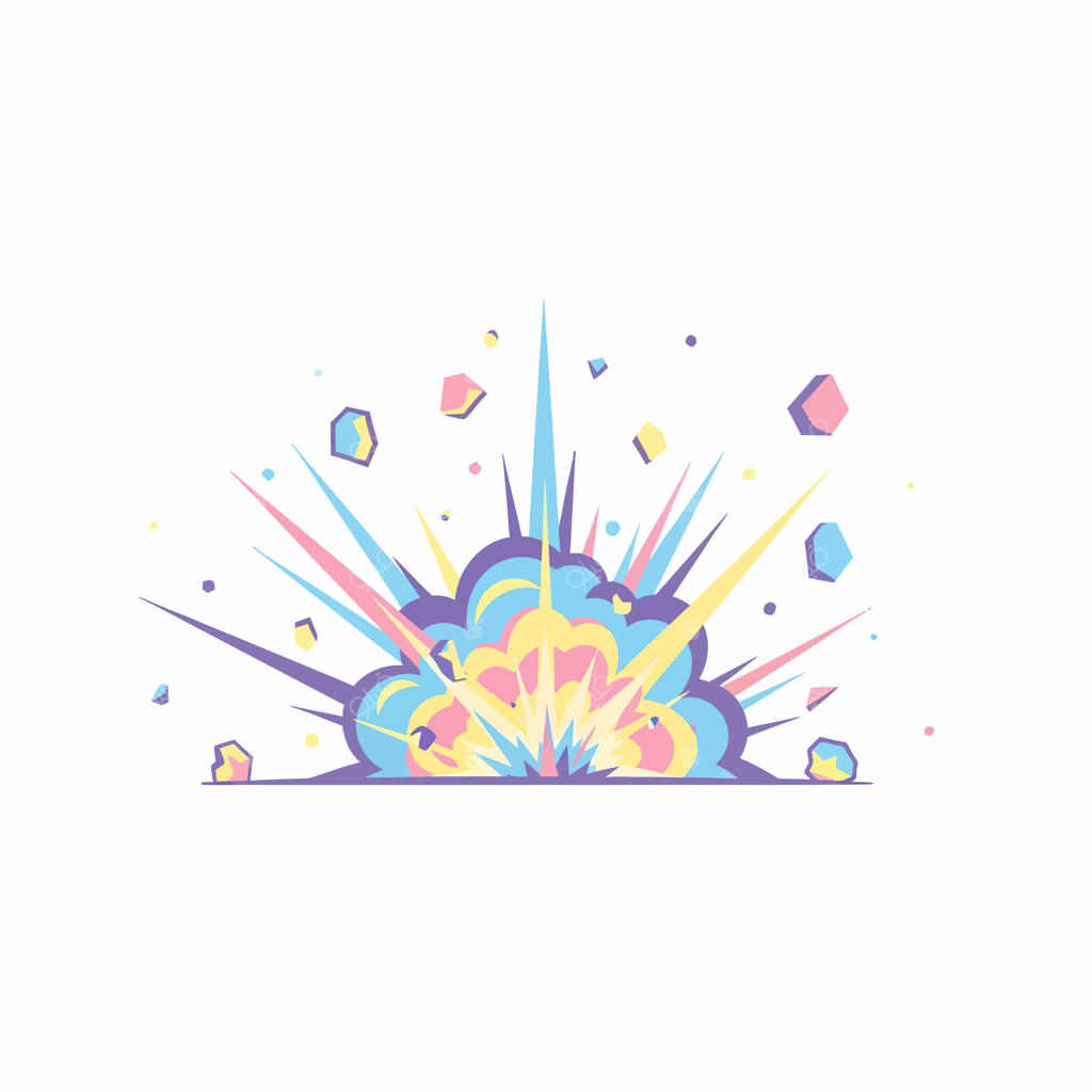 انفجار هیجان‌انگیز به سبک کتاب‌های کمیک با خرده‌های رنگارنگ و تکه‌های شکسته.