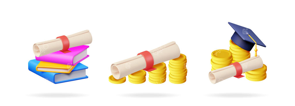 کلاه فارغ‌التحصیلی، مدرک و مجموعه‌ای از کتاب‌ها و سکه‌ها به سبک سه‌بعدی. مفهوم موفقیت تحصیلی، بورسیه و سرمایه‌گذاری آموزشی در زندگی دانشجویی.