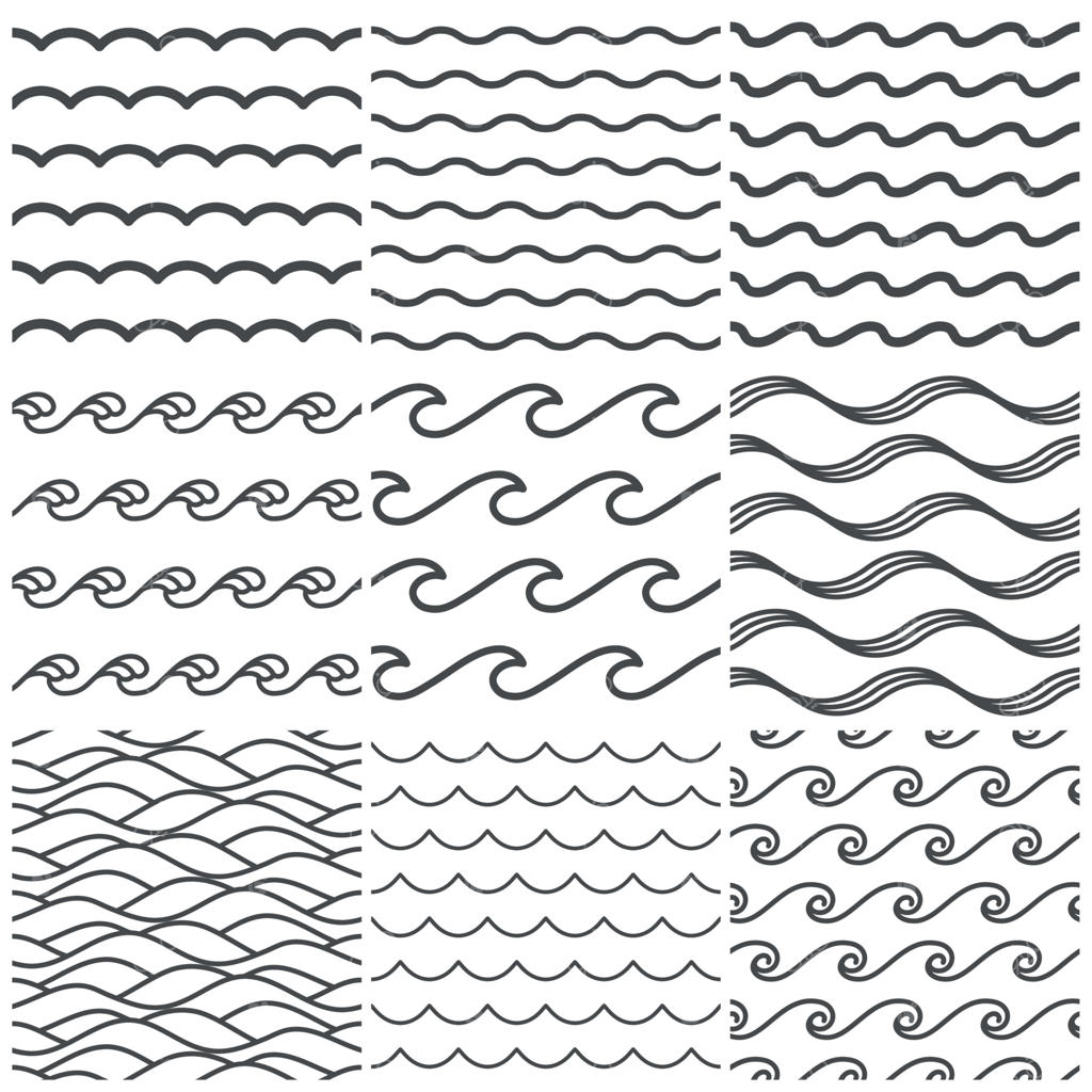 الگوی موج‌های آب یکدست: امواج دریا، آب‌های اقیانوس و دریاچه موج‌دار. مجموعه طرح‌های برداری آب
