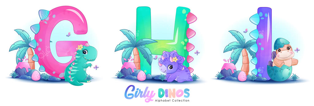 دایناسور کوچولوی دخترانه با حروف الفبا و تصویر آبرنگی