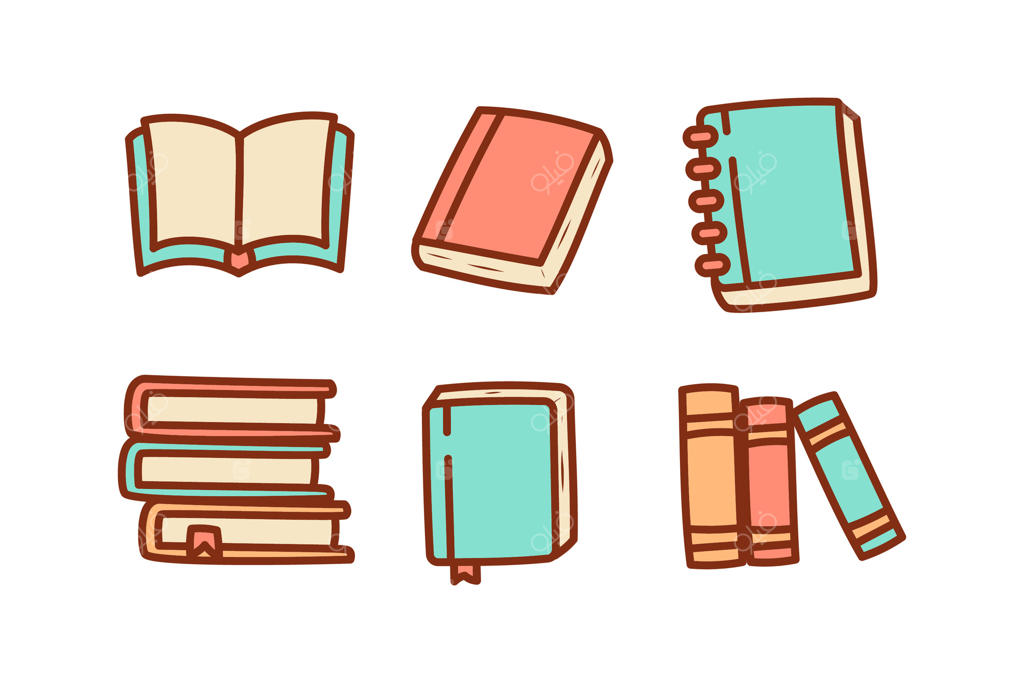 مجموعه‌ای از نقاشی‌های کارتونی کتاب‌های رنگارنگ بر روی زمینه سفید