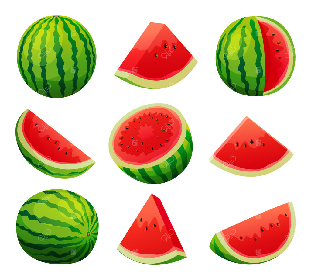 تصویر مجموعه‌ای از هندوانه‌های آبدار: کامل، نصفه و برش خورده روی زمینه سفید