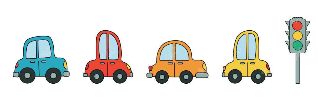 مجموعه‌ای از ماشین‌های کارتونی کودکان و چراغ راهنمایی. کلکسیونی از ماشین‌های رنگارنگ دست‌ساز.