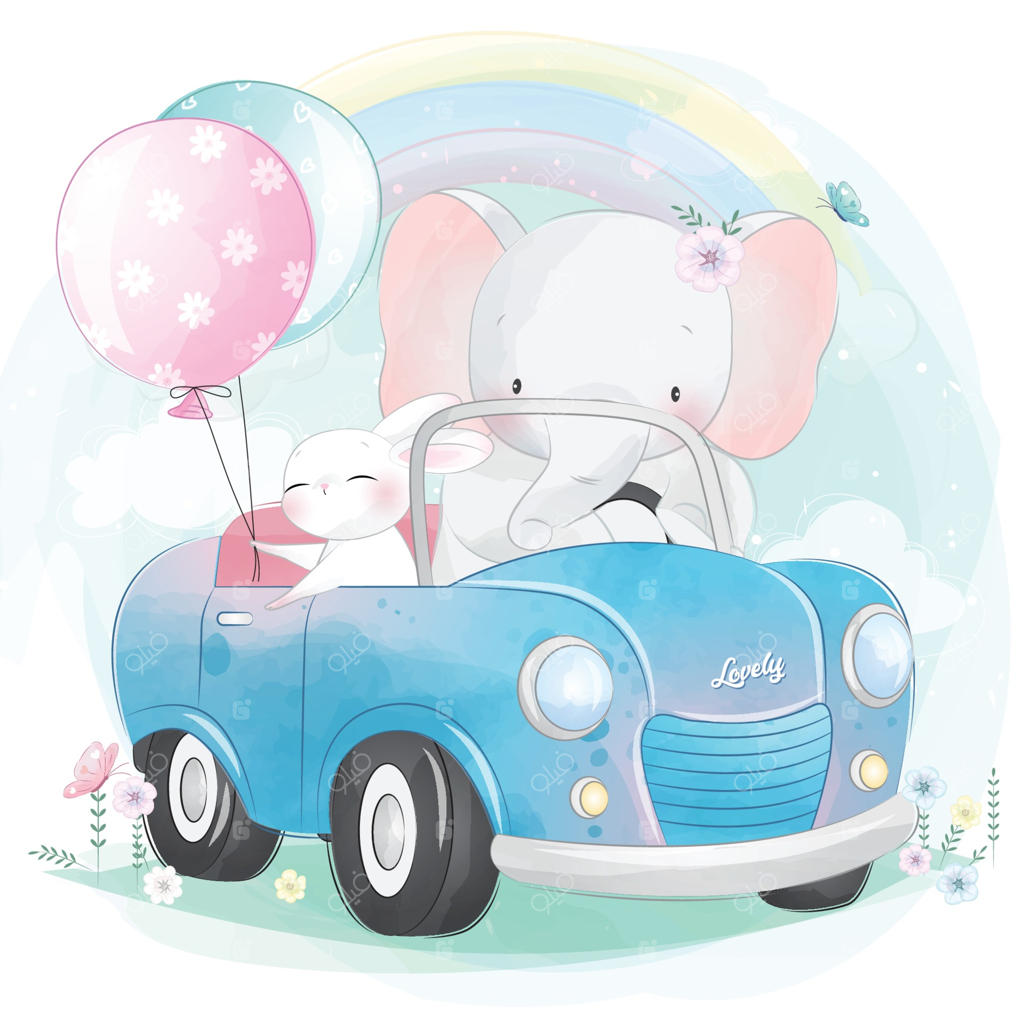 تصویرسازی فیل بامزه در حال رانندگی به همراه خرگوش کوچولو