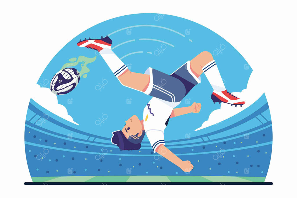 بازیکن فوتبال در حال ضربه زدن به توپ با ضربه قیچی برگردان