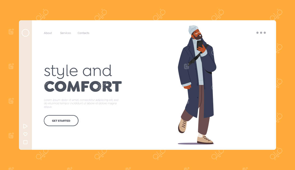 پترن صفحه فرود استایل و راحتی شخصیت مرد سیاه‌پوست بالغ اجرای مد زمستانی با تلفن هوشمند