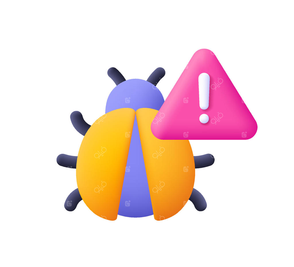 باگ با نماد هشدار، مثلث با علامت تعجب. ویروس سایبری، بدافزار. مفهوم امنیت سایبری. آیکون سه‌بعدی به سبک کارتونی و مینیمالیستی.