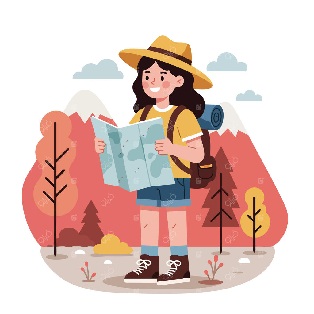 تصویرسازی دختر کوهنورد با نقشه در حال کاوش منظره کوهستانی پاییزی